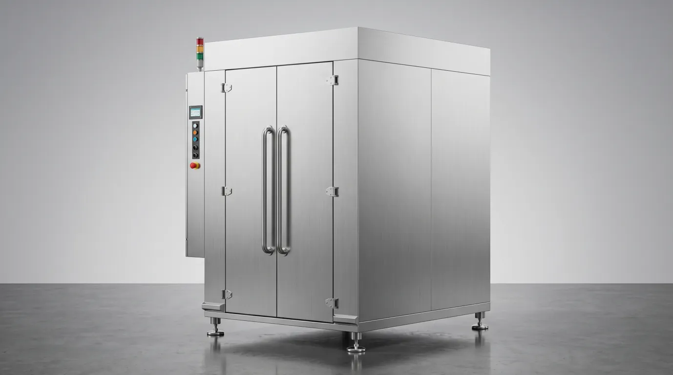PTW-1900 side profile — exhaust connection, utility hookups, adjustable stainless feet